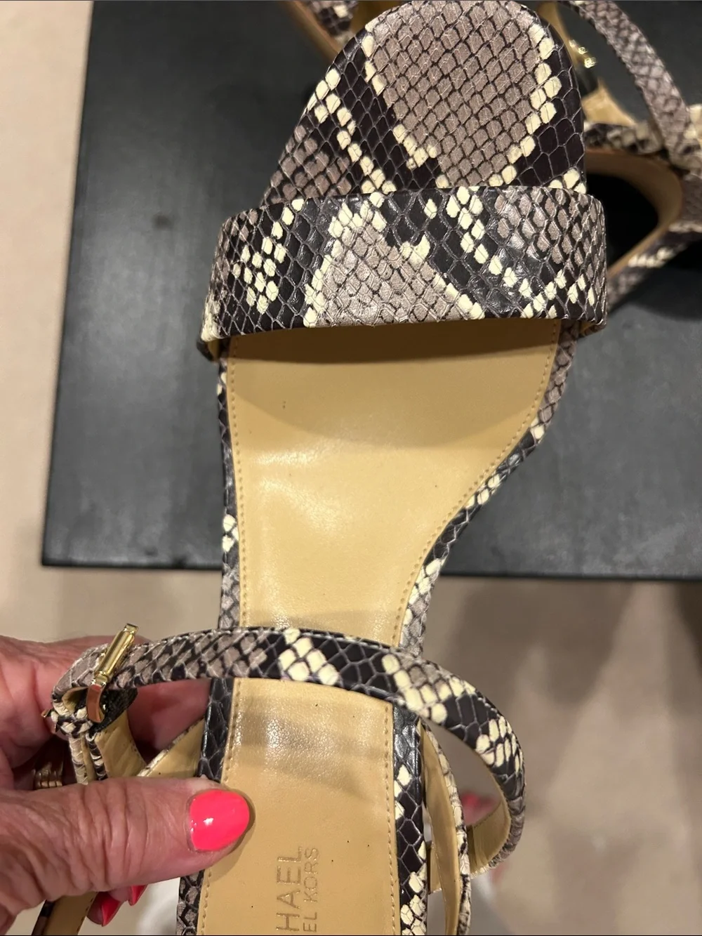 Michael Kors Snake-Print Strappy Heels in Beige and Black